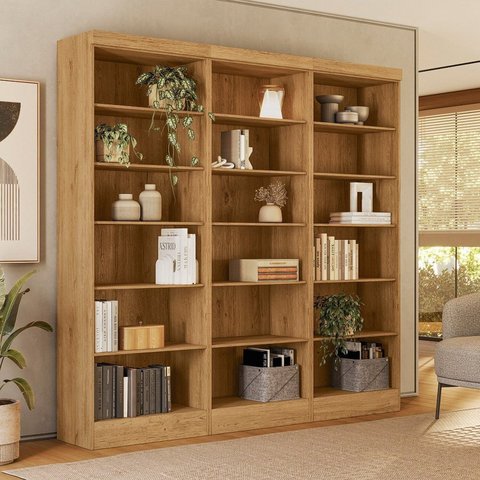 Estante de Livros 184,5CMX183CM Kit 3 Estantes 5 Prateleiras Office Marrom/Freijó Toq