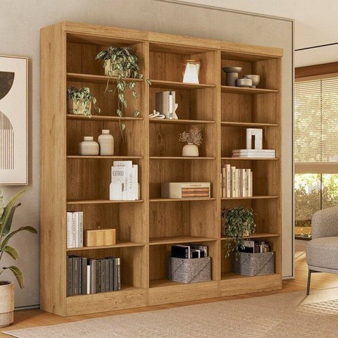 Estante de Livros 184,5CMX183CM Kit 3 Estantes 5 Prateleiras Office Flora Marrom/Freijó Toq