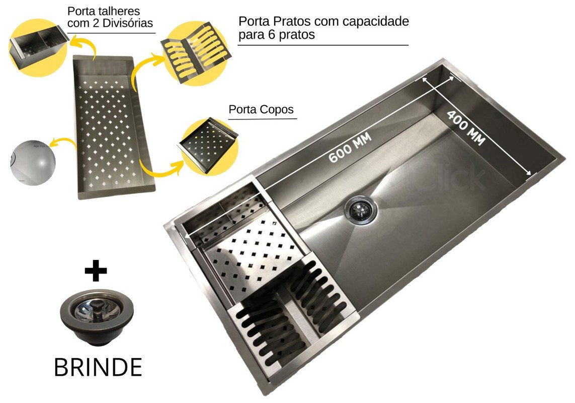 Cuba Inox Quadrada 600 X 400 Com Cesto Escorredor E Válvula Gourmet AJL Cuba Com Canal Equipado - 5