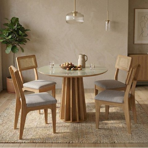 Conjunto para Sala de Jantar Mesa Redonda e 4 Cadeiras Estofadas MDF Bolonha Marrom/Off White/Freijó