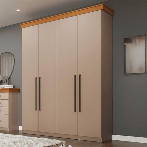 Guarda Roupa Solteiro 1,52m C/ 4 Portas e 2 Gavetas 100% Mdf Cor:branco Brilho com Freijó