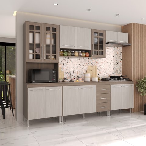 Armário de Cozinha Modulada Completa Fidelitá Paris 5 Peças 260cm 13 Portas 3 Gavetas com Tampo