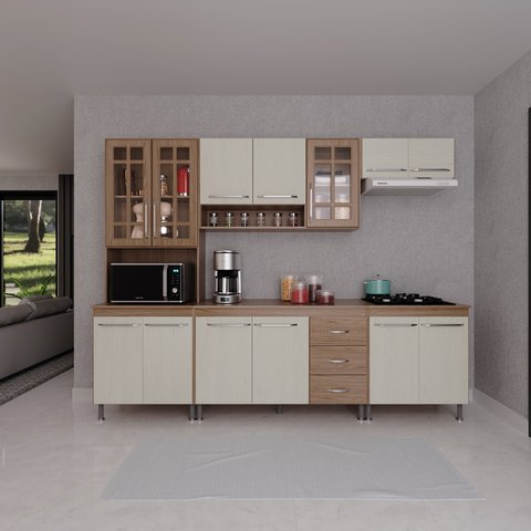 Cozinha Modulada Completa Fidelitá Paris 5 Peças 260cm 13 Portas 3 Gavetas com Tampo