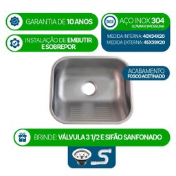 10 Tanque Inox 40x34x20 Aço 304 Fosco Cozinha As Atacado Kit - 2