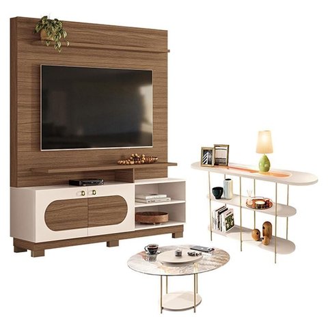 Estante Home Theater Axis Castanho Off White com Mesa de Centro Sky com Tampo de Vidro e Aparador