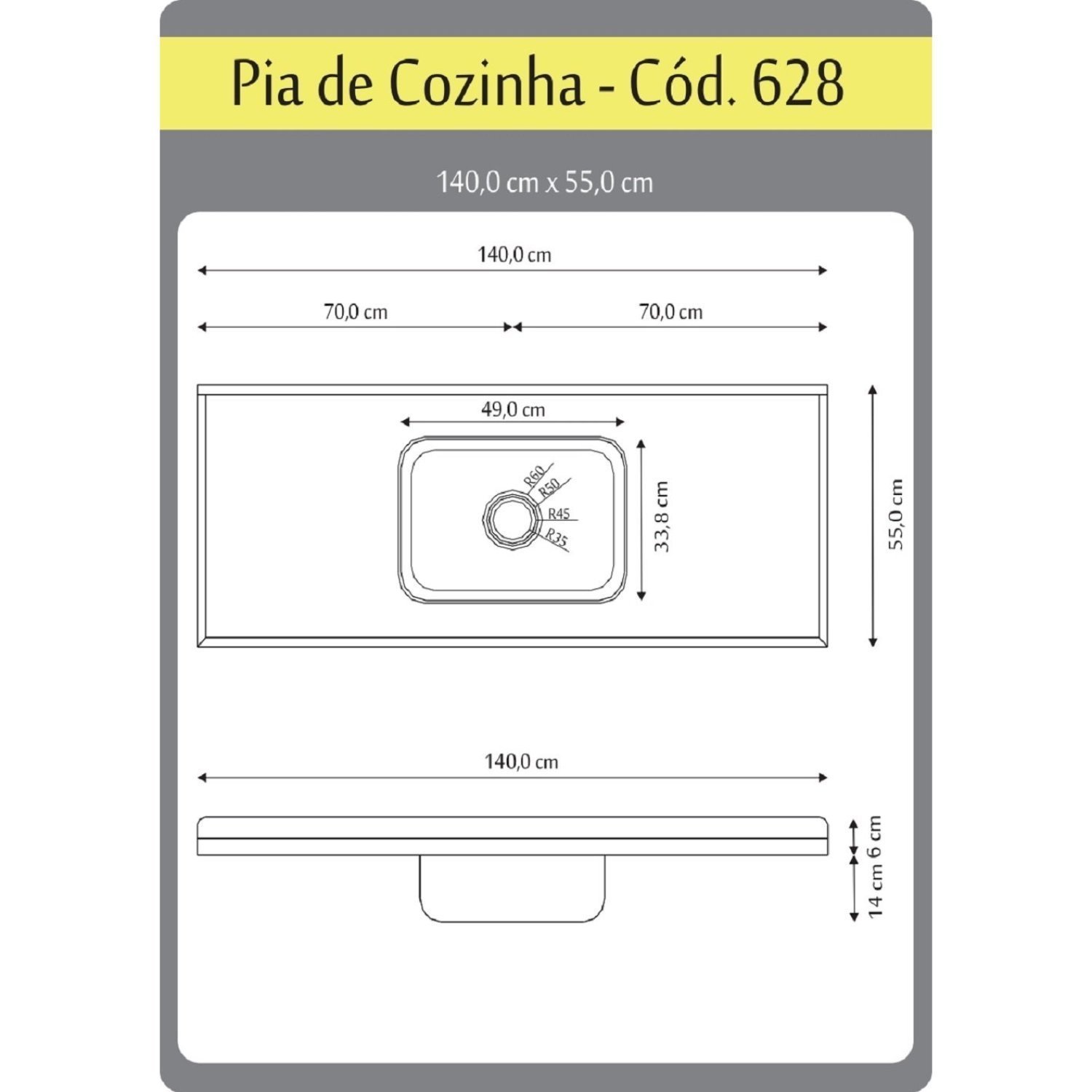 Pia para Cozinha em Mármore Sintético com Cuba em Aço Inox 140cmx55cm Aj Rorato - 3