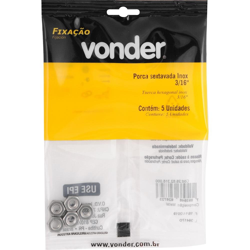 Porca Sextavada Inox 3/16'' com 5 peças Vonder - 2