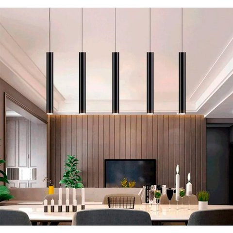 Pendente Industrial Tubo 40cm Cilíndrico Alumínio Preto Mr11 Com Lâmpada