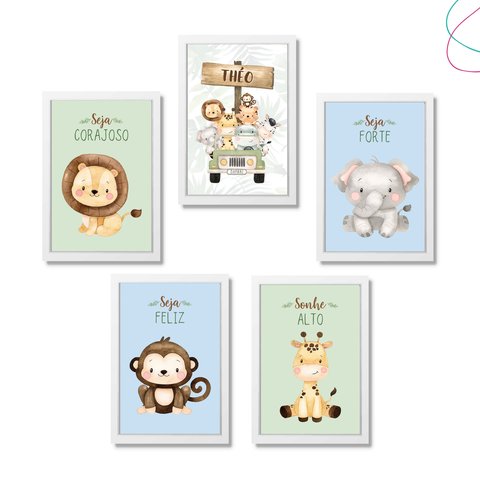 Kit 5 Quadros Decorativos Safari Baby Aquarela Bege:branca
