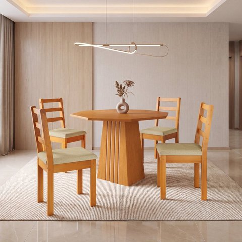 Conjunto Mesa de Jantar Texas Oitavada 104cm com 4 Cadeiras Estofadas Verona Madeira Maciça