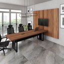 Ver imagem 1 de Mesa Escritório 2,70m 2 Cx de Tomada e Painel de Tv Duplo F5 Cor:nogal com Preto