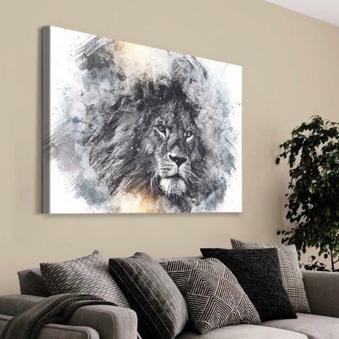 Quadro Decorativo em Canvas Leão Artístico TaColado Moldura Flutuante 4,5cm Freijó 120 x 80cm