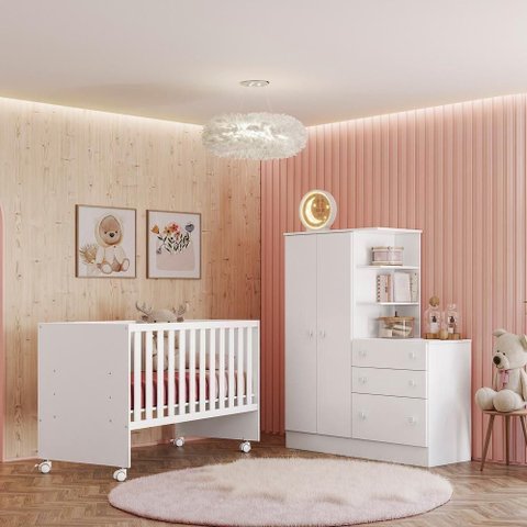 Conjunto Infantil Doce Sonho Branco Berço Doce Sonho + Rodízios + Guarda-roupa com Cômoda Doce