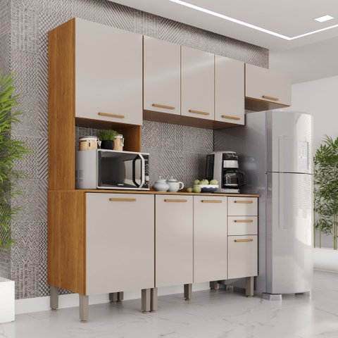 Cozinha Compacta Modulada 4 Peças 9 Portas 2 Gavetas Bella Branco/Cinamomo/Off White