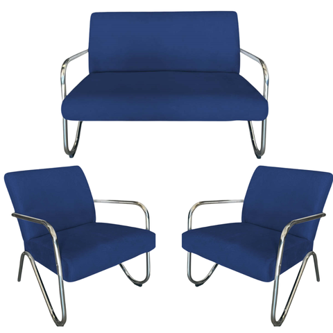 Kit Namoradeira + 2 Poltronas Decorativa Bela Suede Azul Marinho Braço Cromado