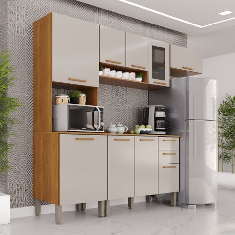 Cozinha Compacta Modulada 4 Peças 9 Portas 2 Gavetas Bella Branco/Cinamomo/Off White