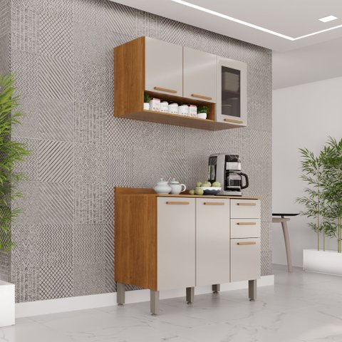 Cozinha Compacta Modulada 2 Peças 6 Portas 2 Gavetas Bella Branco/Cinamomo/Off White