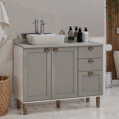 Gabinete para Banheiro 100% MDF 2 Portas 3 Gavetas Modelo Americano Provençal Iluminata Cinza/Branco