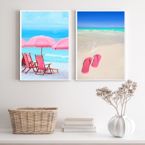 Kit 2 Quadros Praia Elementos Azul e rosa 45x34cm:madeira Branca
