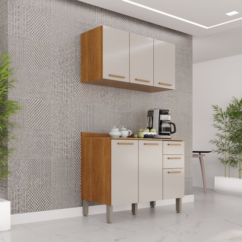 Cozinha Compacta Modulada 2 Peças 6 Portas 2 Gavetas Bella Branco/Cinamomo/Off White