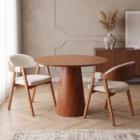Conjunto Mesa de Jantar Redonda 90cm com 2 Cadeiras Estofadas Bege Marrom Yescasa