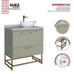 Gabinete para Banheiro Com Tampo de Granito 80cm Suez  - 6