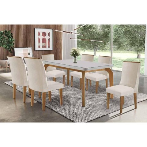 Conjunto Sala de Jantar Londrina C/ Tampo Madeirado C/ Vidro Canto Curvo 180x90cm e 6 Cadeiras