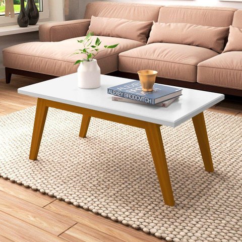 Mesa de Centro com Pés em Madeira Prism Branco Acetinado