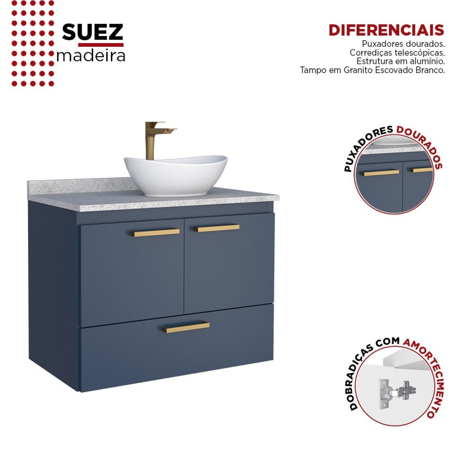 Gabinete para Banheiro Suspenso Com Tampo de Granito 80cm Suez