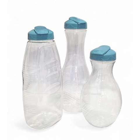 Kit 3 Garrafas Cristal Jarra Formatos Diferentes Suco Água Azul