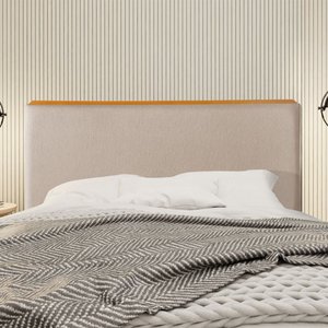 Cabeceira Cama Box Queen 1,60m Estofada Detalhe em Madeira Java Linho Bege