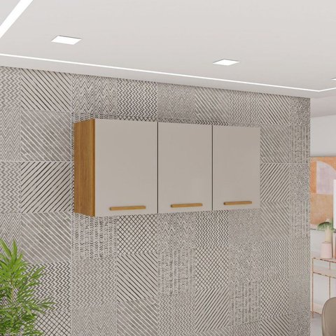 Armário Aéreo de Cozinha 3 Portas Bella Branco/Cinamomo/Off White