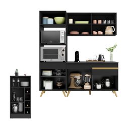 Cozinha Compacta com Bancada Americana/mesa Veneza Multimóveis Mp2211 Preto/dourado - 4