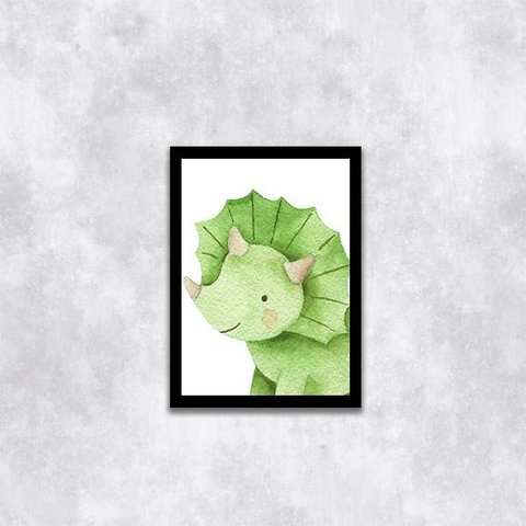 Quadro Decorativo Infantil Dinossauro Baby Verde 24x18cm - com vidro:Madeira preta