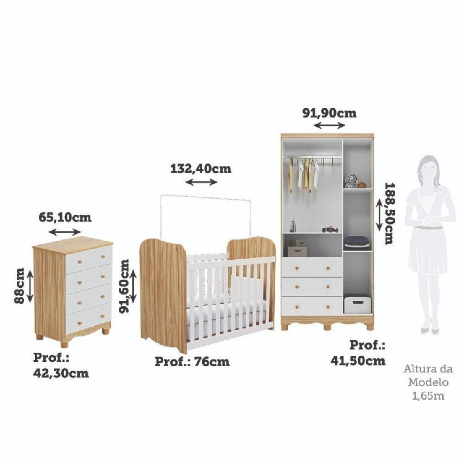 Quarto de Bebê Completo Guarda Roupas 3 Portas Janeladas Cômoda 4 Gavetas e Berço 100% Mdf Lana - 4