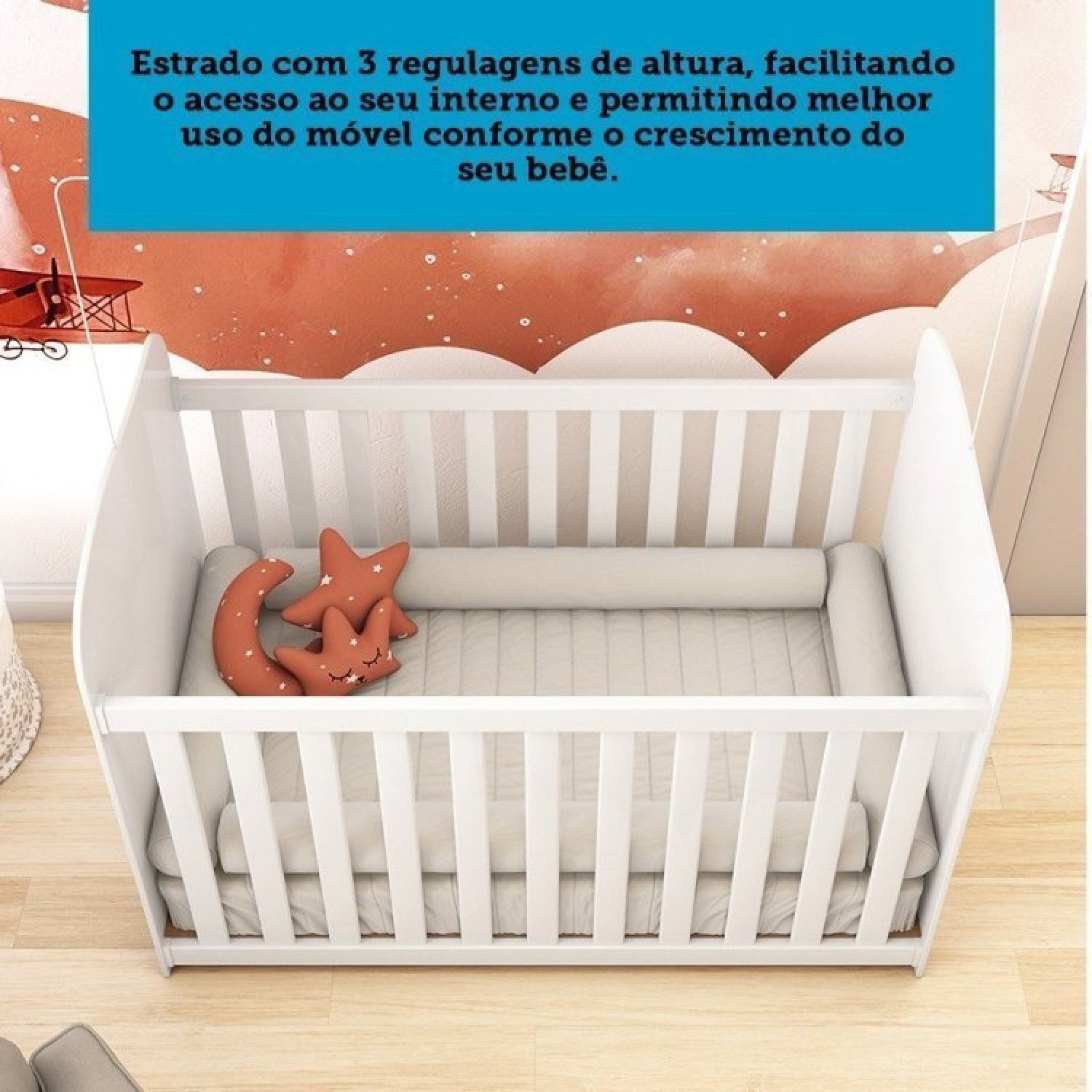 Quarto de Bebê Completo Guarda Roupas 3 Portas Janeladas Cômoda 4 Gavetas e Berço 100% Mdf Lana - 11