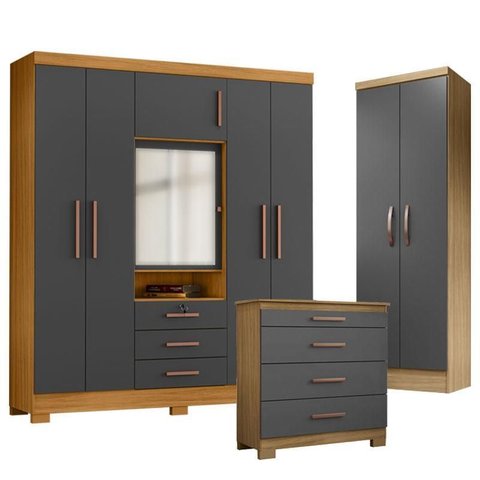 Guarda Roupa Casal Imperial com Cômoda 4 Gavetas New e Armário Multiuso New Egito Carvalho
