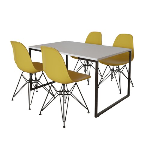Mesa Industrial Base Ferro Preto 137x90 Tampo Branco 4 Cadeiras Eiffel Ferro Preto Assento Amarelo