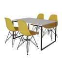 Ver imagem 1 de Mesa Industrial Base Ferro Preto 137x90 Tampo Branco 4 Cadeiras Eiffel Ferro Preto Assento Amarelo