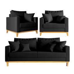 Kit Sofá Beny 180cm + 2 Poltronas Base de Madeira Linho: Preto - 2