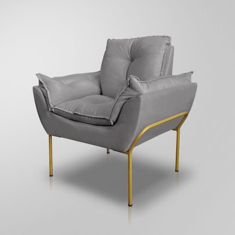 Poltrona Recepção Escritório de Luxo 12 Cores - Base de Ferro Dourado - Cinza