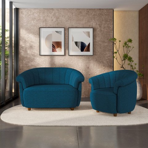 Conjunto Sala de Estar Decorativo Latvia Sofá Namoradeira e Poltrona Pés de Madeira Linho Azul G45 -