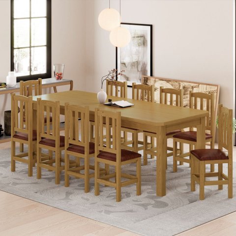 Mesa de Jantar Safira 220x88 com 10 Cadeiras Diamante Estofado Marrom:nogueira