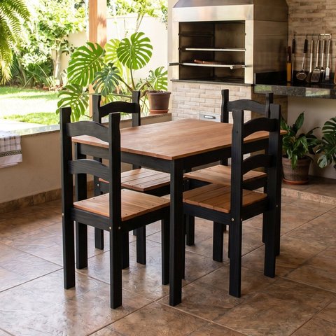 Mesa de Jantar 4 Lugares com 4 Cadeiras em Madeira Maciça Rústic Preto/Mel