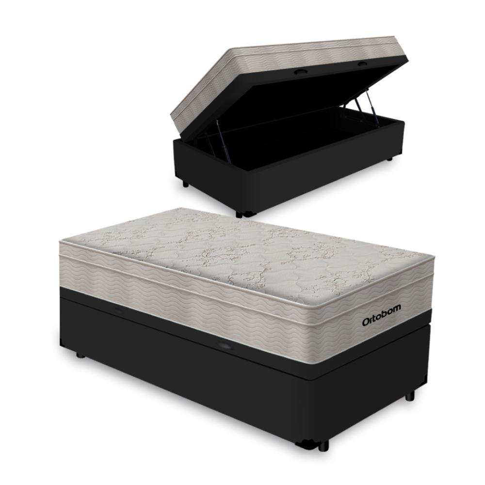 Cama Box Baú Solteiro King + Colchão de Molas Ensacadas Ortobom Airtech 96cm Suporta até 150 Kg