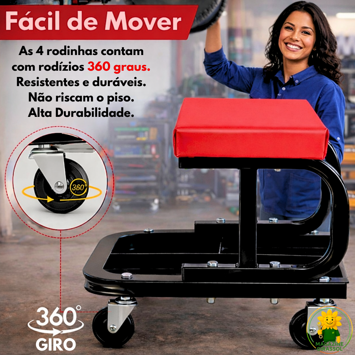 Ver imagem 3 de Banquinho Banqueta Mecânico Oficina 150kg Bandeja 3 Divisórias Assento Rodinhas 360 Graus Brs