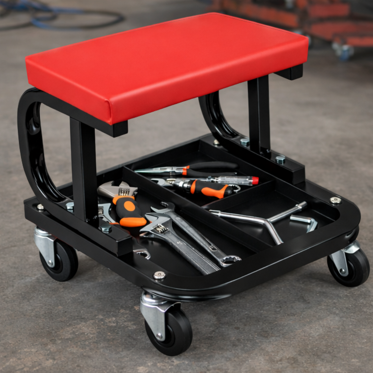 Ver imagem 1 de Banquinho Banqueta Mecânico Oficina 150kg Bandeja 3 Divisórias Assento Rodinhas 360 Graus Brs