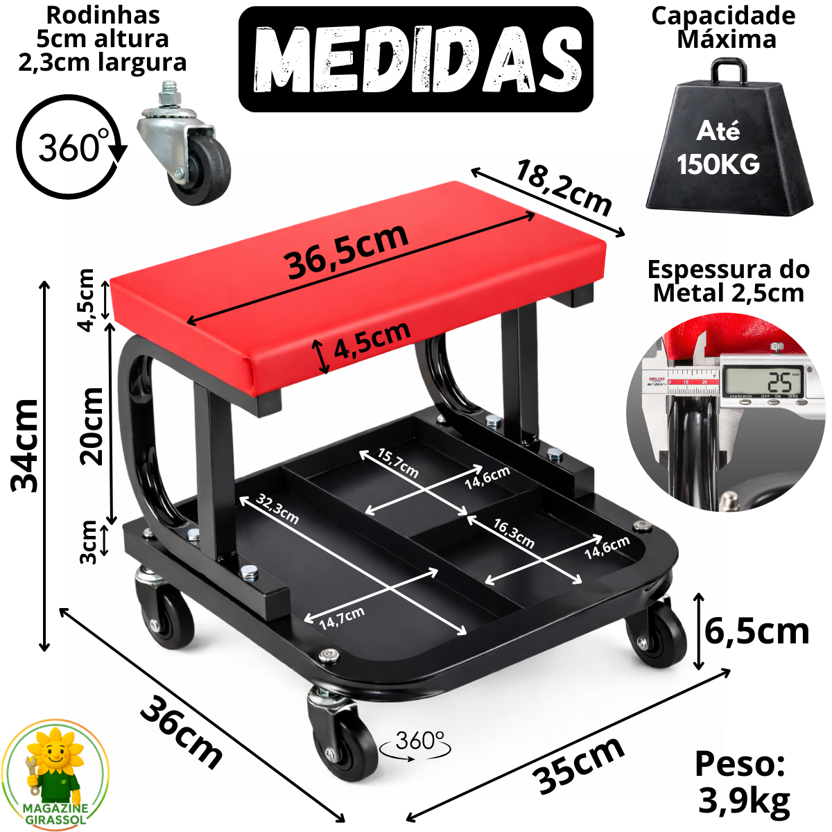 Ver imagem 6 de Banquinho Banqueta Mecânico Oficina 150kg Bandeja 3 Divisórias Assento Rodinhas 360 Graus Brs
