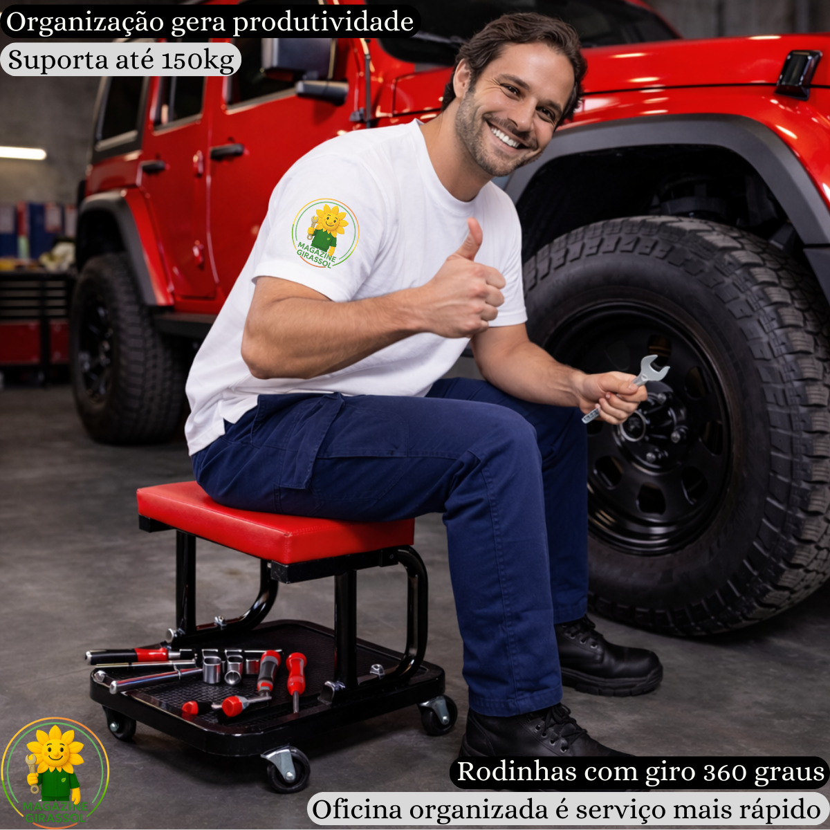 Ver imagem 2 de Banquinho Banqueta Mecânico Oficina 150kg Bandeja 3 Divisórias Assento Rodinhas 360 Graus Brs