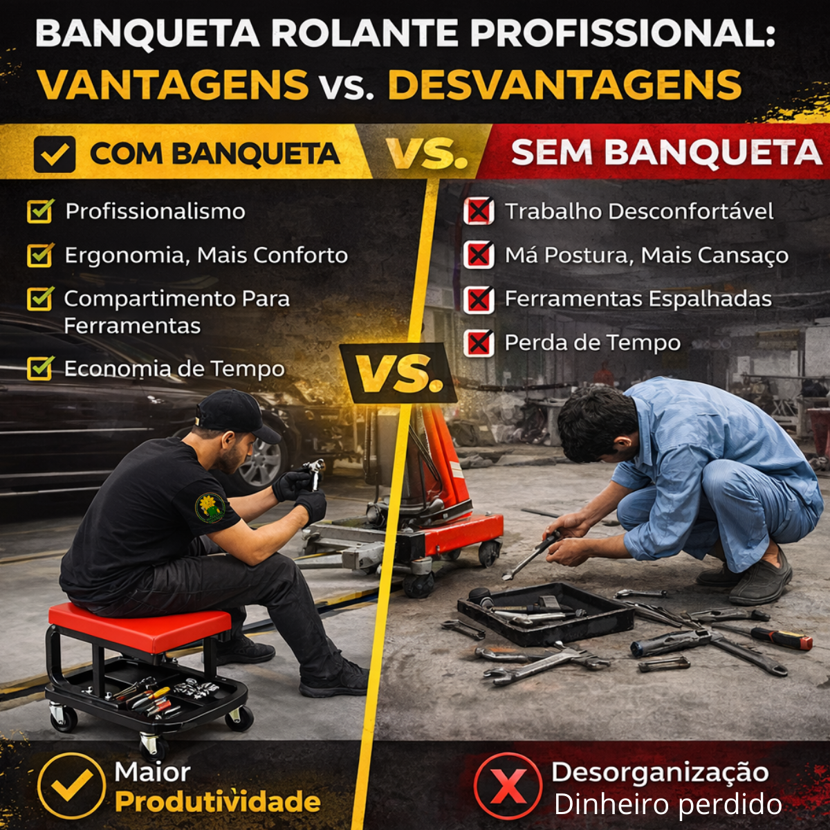 Ver imagem 4 de Banquinho Banqueta Mecânico Oficina 150kg Bandeja 3 Divisórias Assento Rodinhas 360 Graus Brs